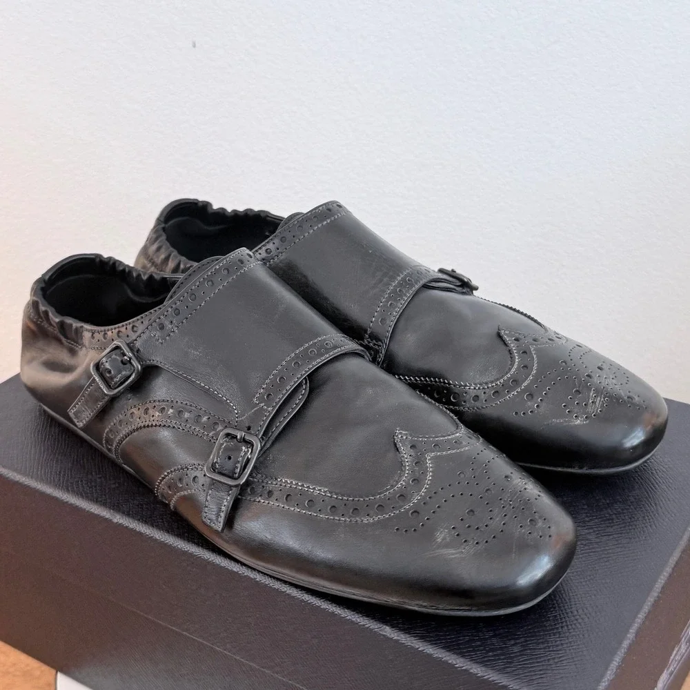 Prada 2EG469 Mens Leather Double Monk Strap Wingtip Shoes Grey Black UK 9